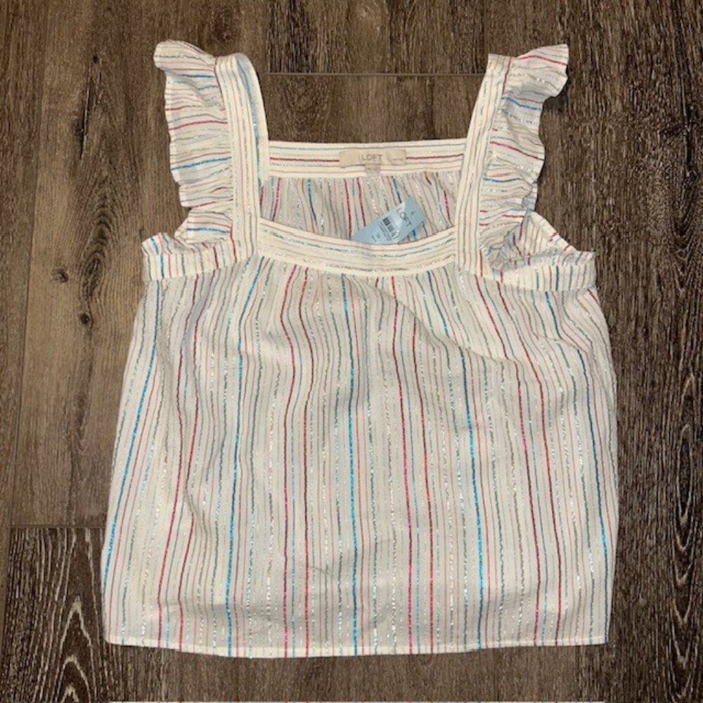 NWT LOFT Sleeveless White Ruffled Shoulders Tonal Ribbon Stripe Medium Petite